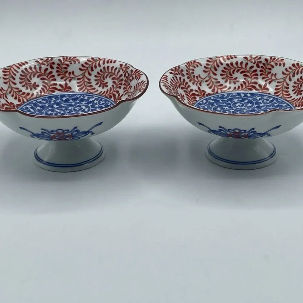 2 Gen-emon kJapan Orange & Blue Porcelain Bowls Signed 4